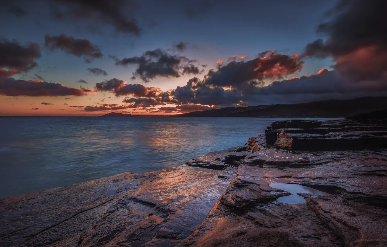 Photo wallpaper sea, sunset, shore, twilight