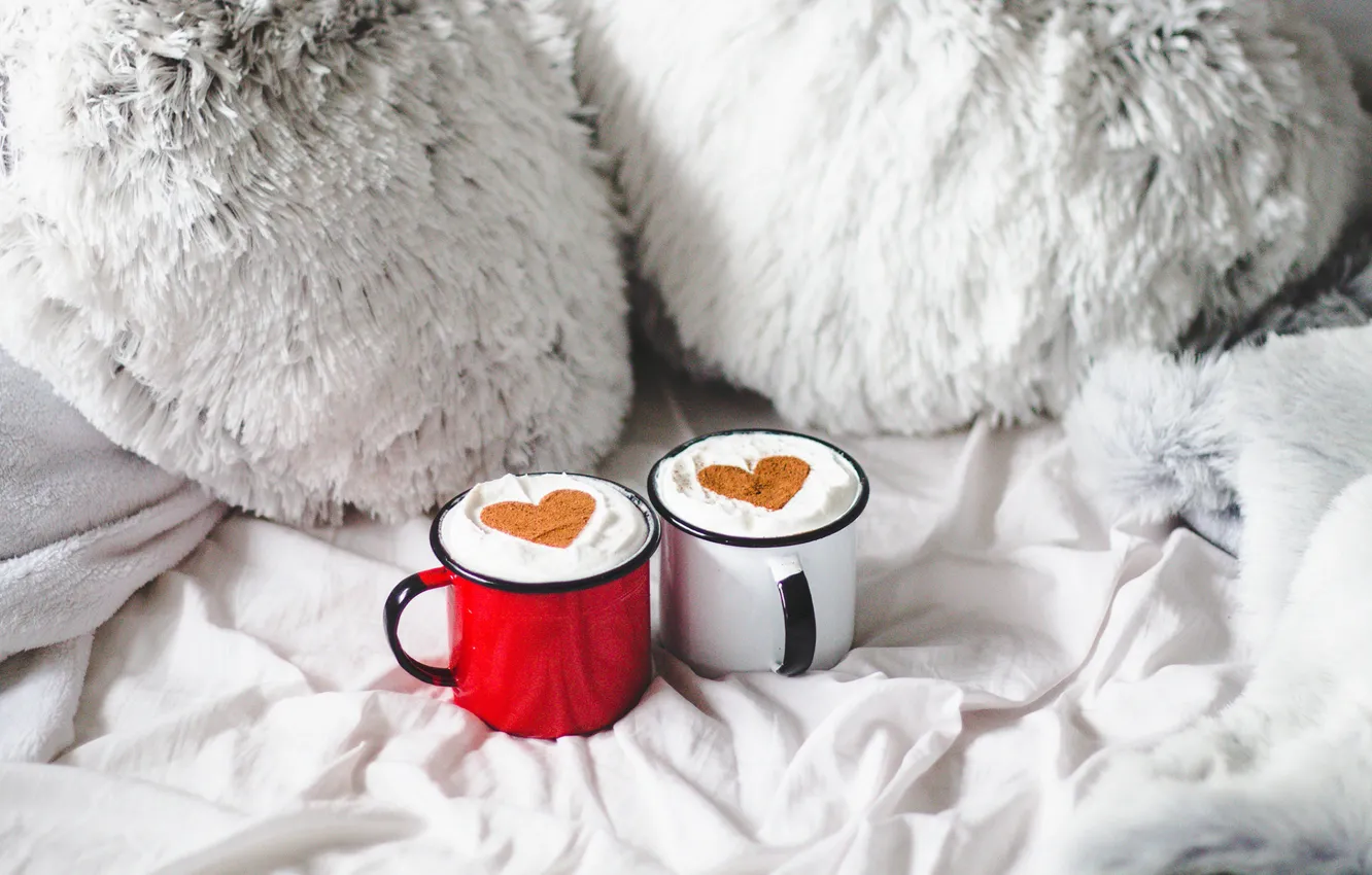 Photo wallpaper comfort, coffee, morning, hearts, mugs, heart, morning, cup