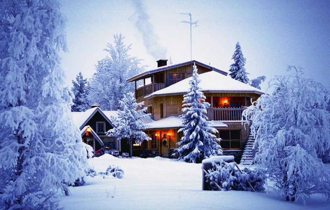 Photo wallpaper house, nature, winter, snow