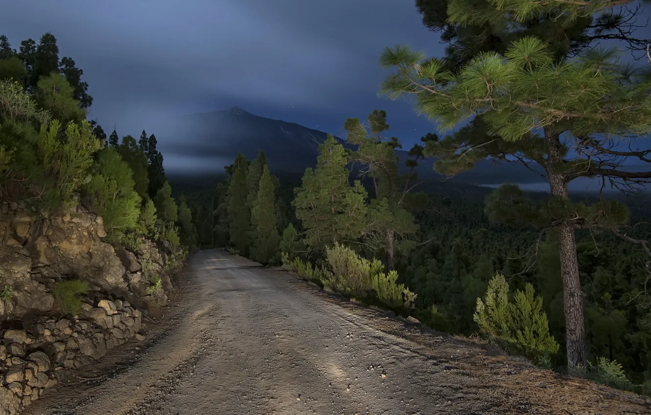 Photo wallpaper road, mountains, night