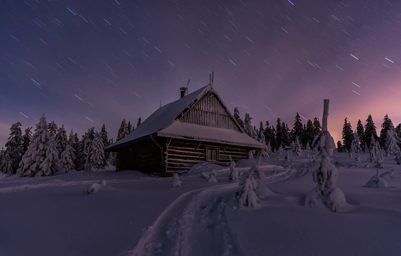 Photo wallpaper winter, forest, snow, landscape, night, nature, house, track