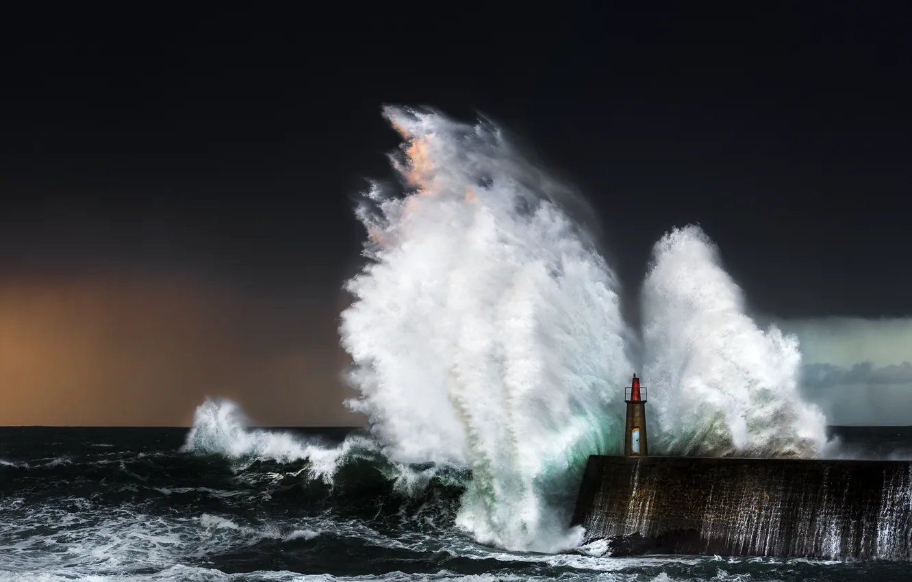 Photo wallpaper sea, wave, storm, nature, lighthouse, splash