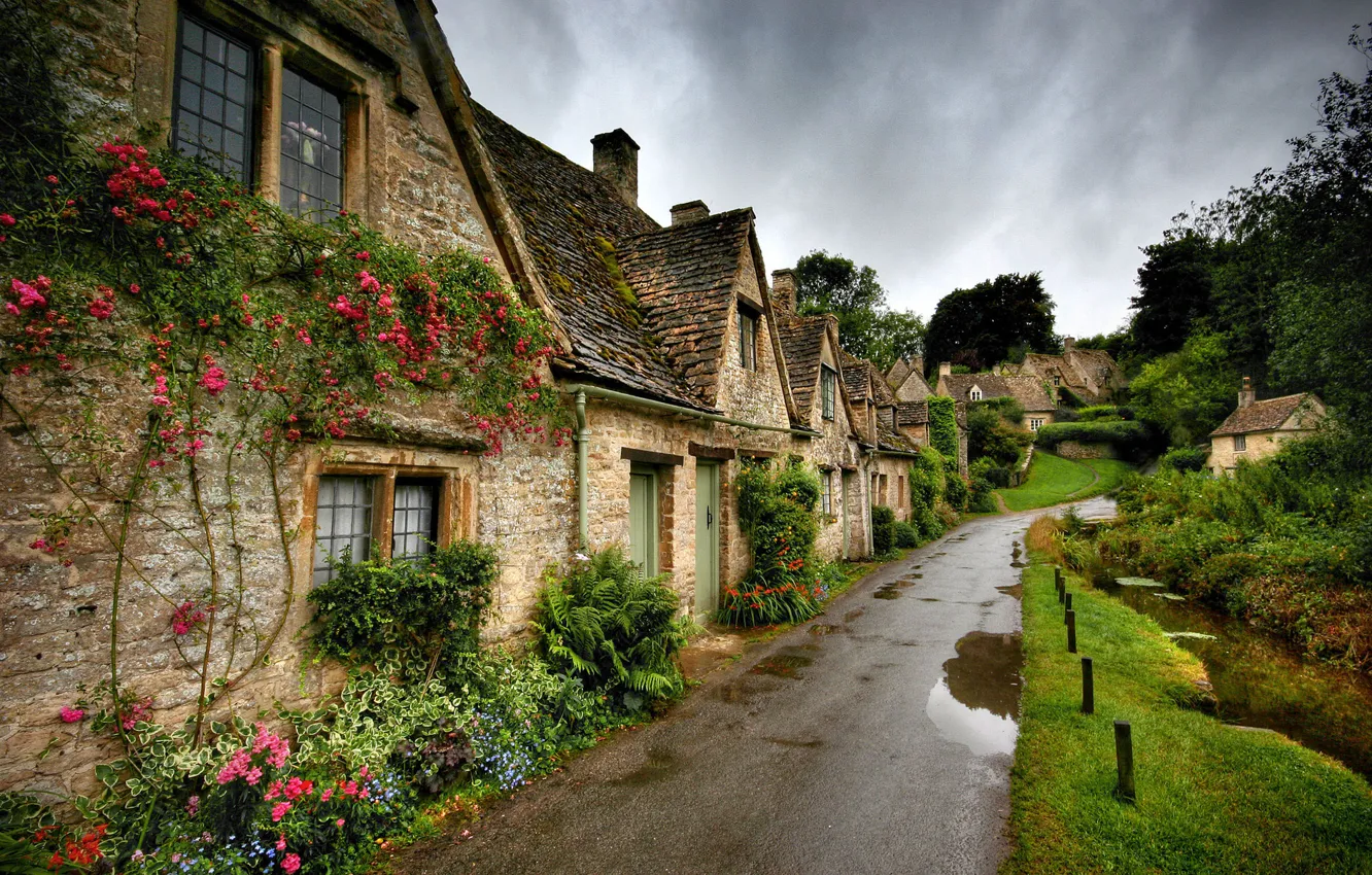 Photo wallpaper road, roof, greens, flowers, nature, street, village, home