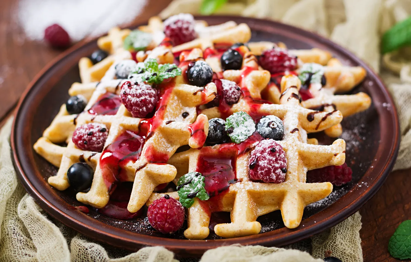Photo wallpaper berries, dessert, waffles