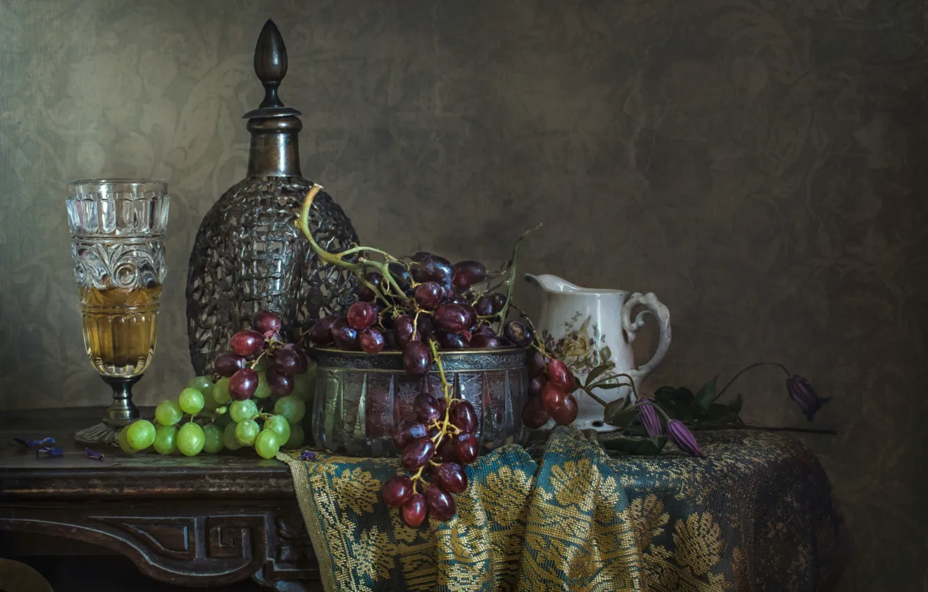 Photo wallpaper glass, grapes, pitcher, still life, clematis