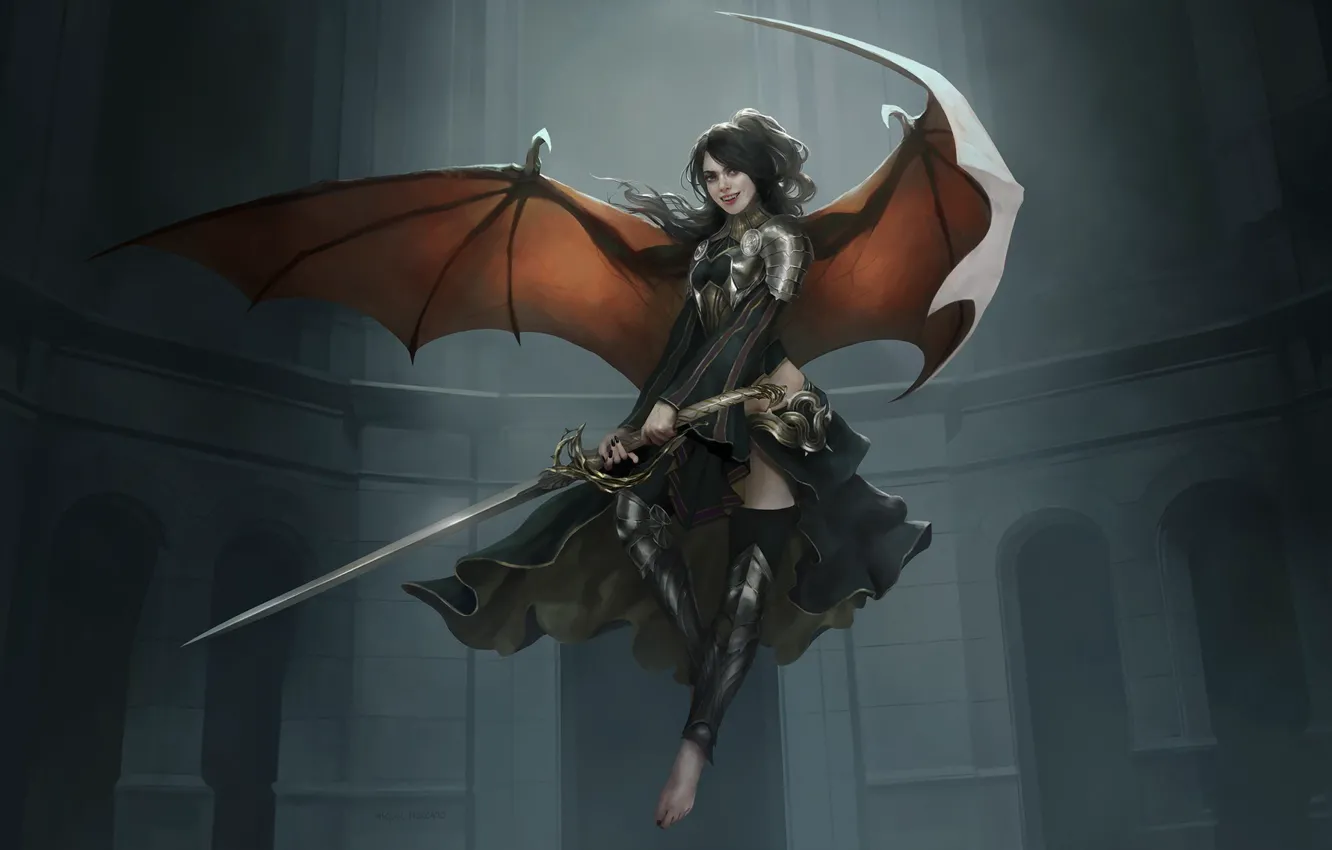 Photo wallpaper girl, sword, fantasy, Dark Angel, armor, wings, angel, digital art