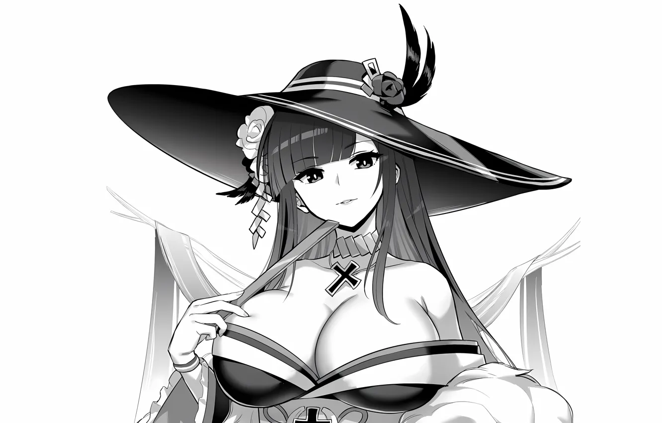 Photo wallpaper girl, sexy, cleavage, blouse, long hair, hat, boobs, anime