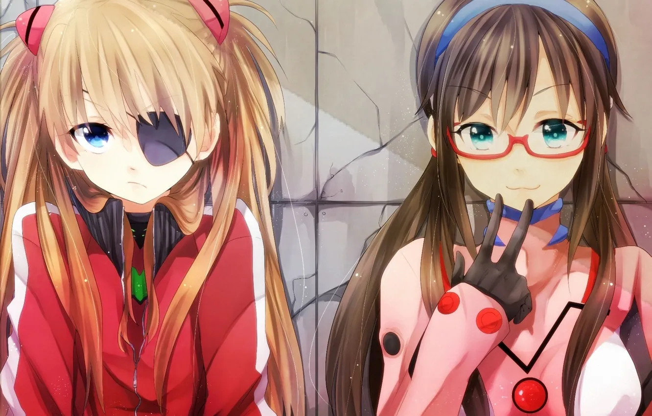 Photo wallpaper girl, art, glasses, headband, Neon Genesis Evangelion, soryu asuka langley, Makinami Mari Illustrious, peony130