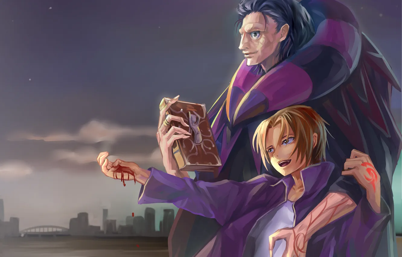 Photo wallpaper joy, the city, blood, book, guy, art, caster, Fate/Zero