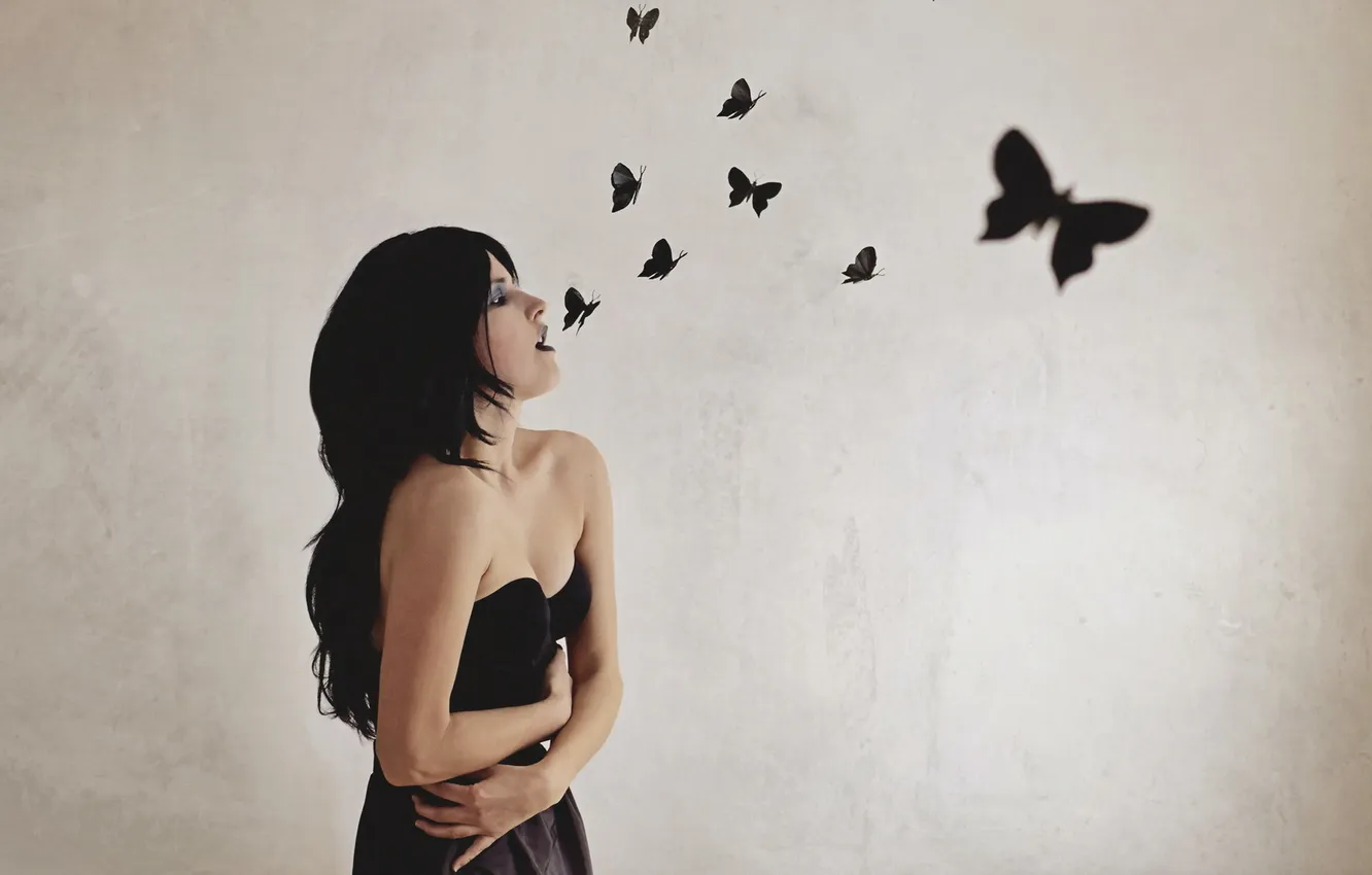 Photo wallpaper girl, black, goth, levitation, butterlies