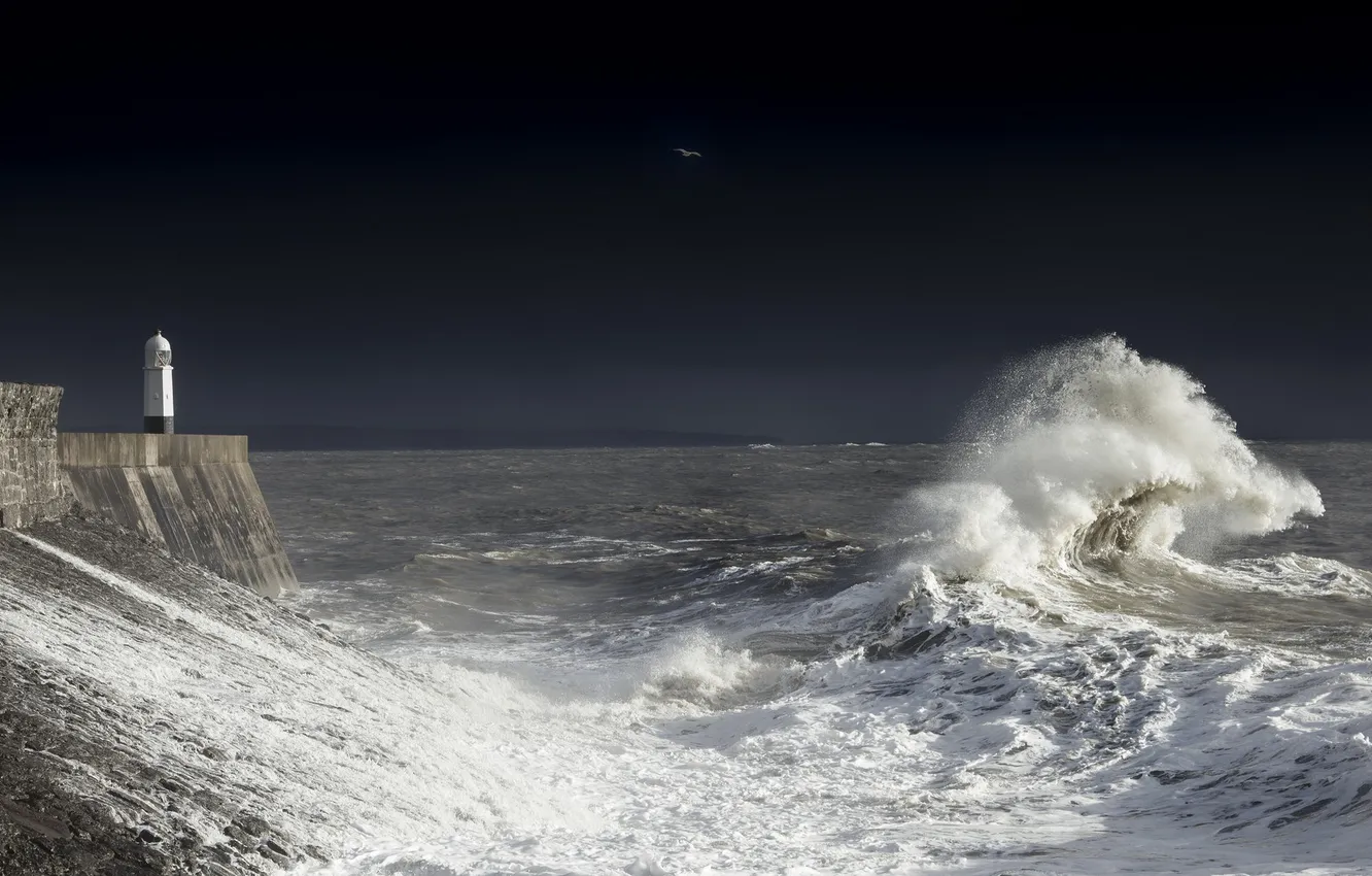 Photo wallpaper waves, storm, nature, beauty, lighthouse, dark skies, Bristol channel surf