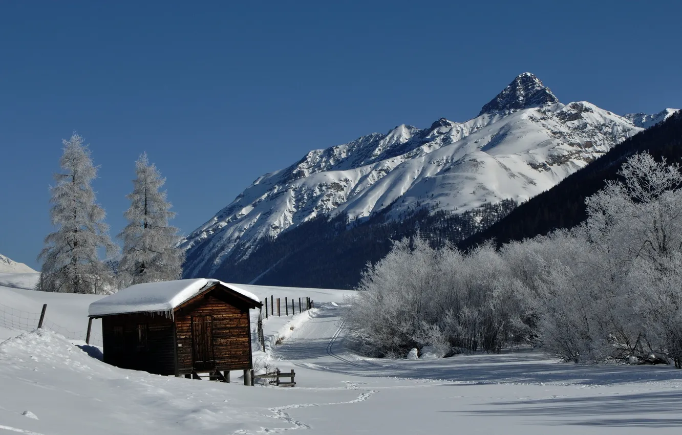 Photo wallpaper winter, road, snow, mountains, house