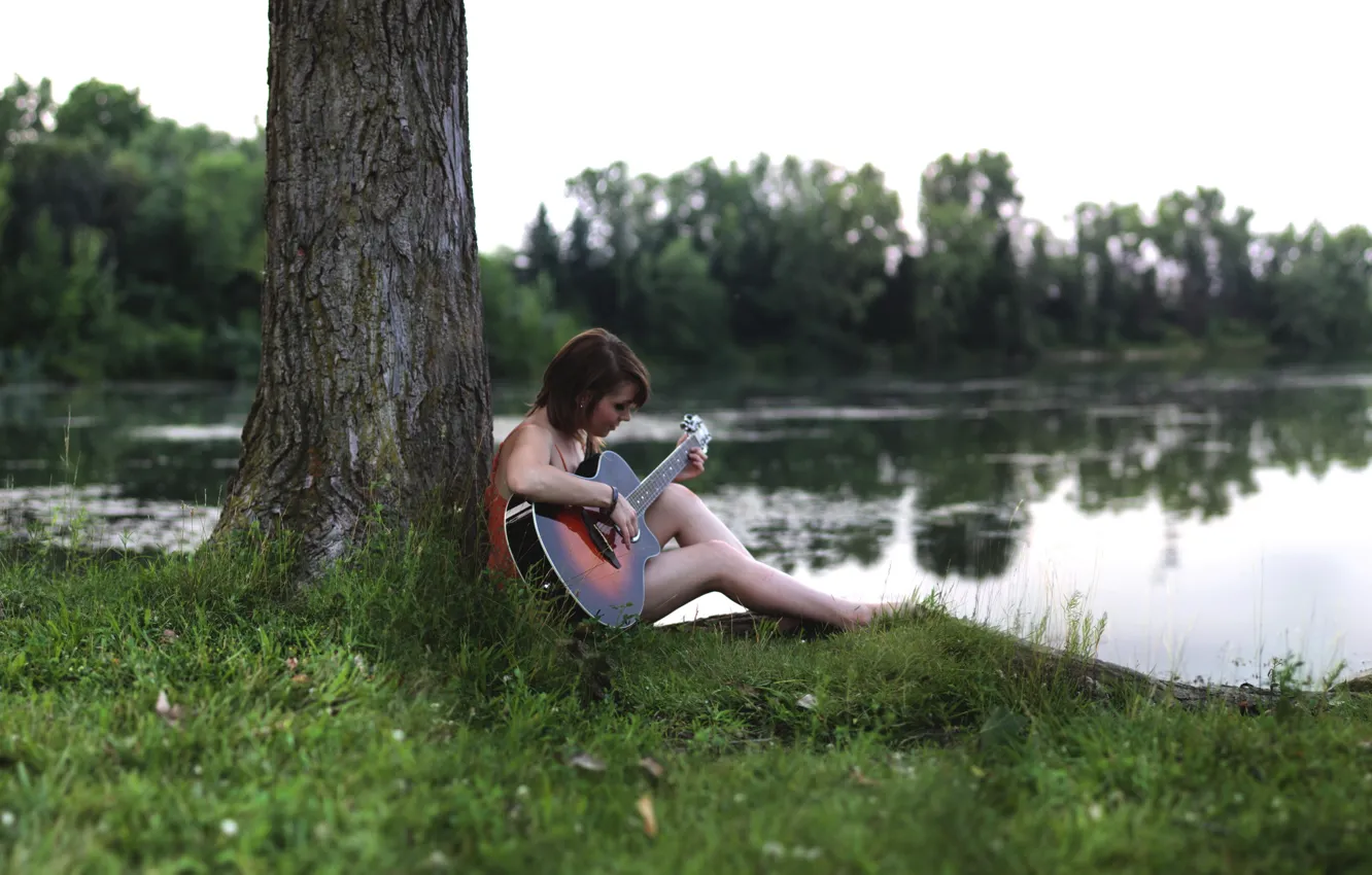 Photo wallpaper girl, lake, guitar