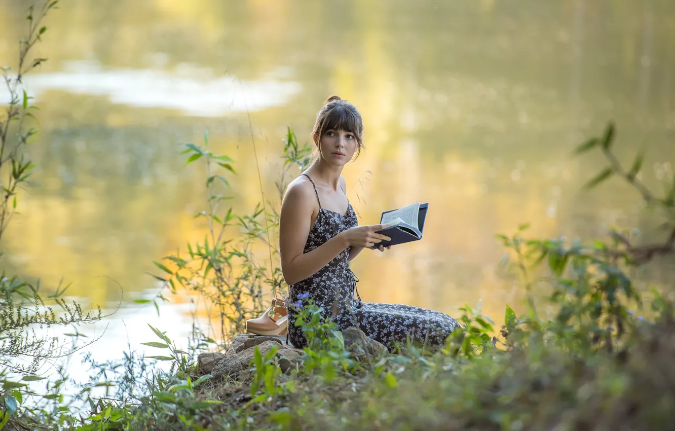 Photo wallpaper summer, look, girl, nature, river, book, Ella Hunt