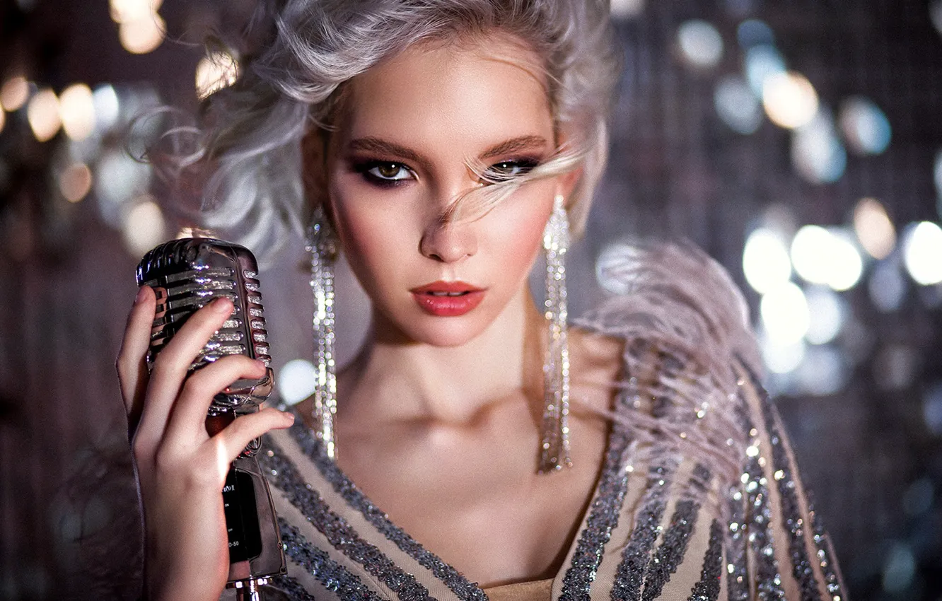 Photo wallpaper look, girl, face, glare, hair, makeup, microphone, Ekaterina Maybach