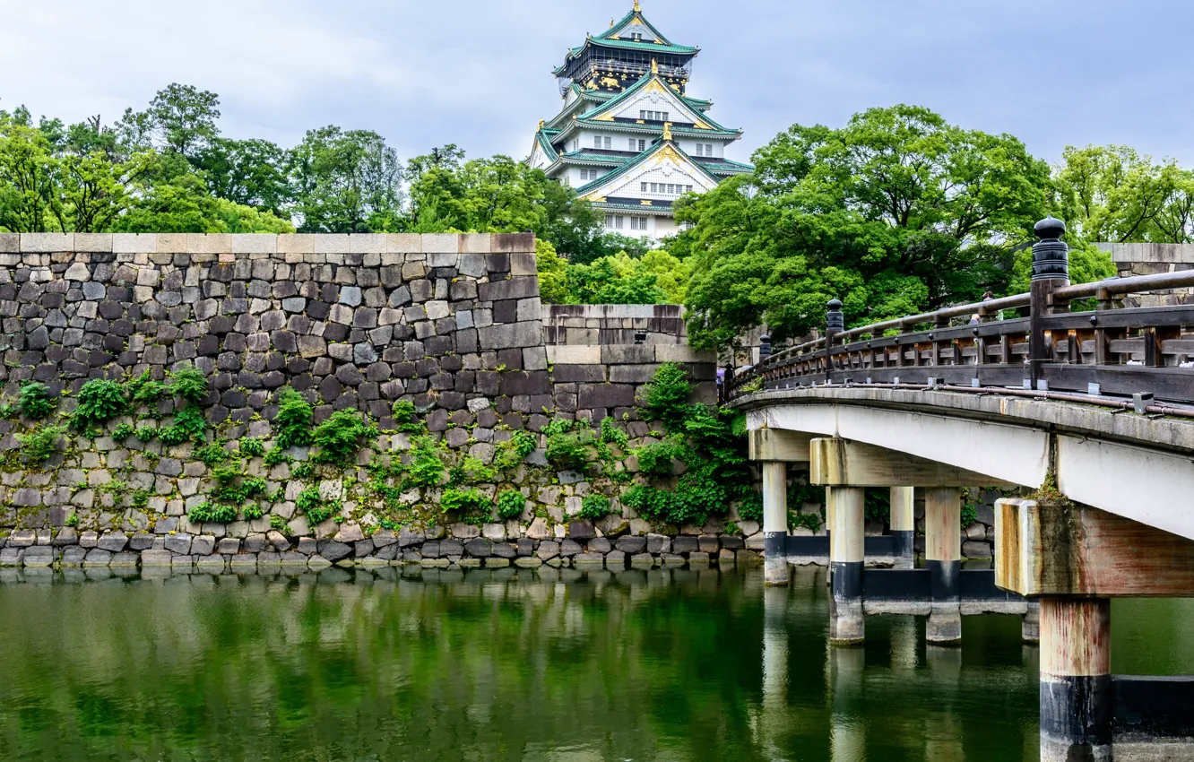 Photo wallpaper bridge, nature, castle, Japan, Osaka, ditch