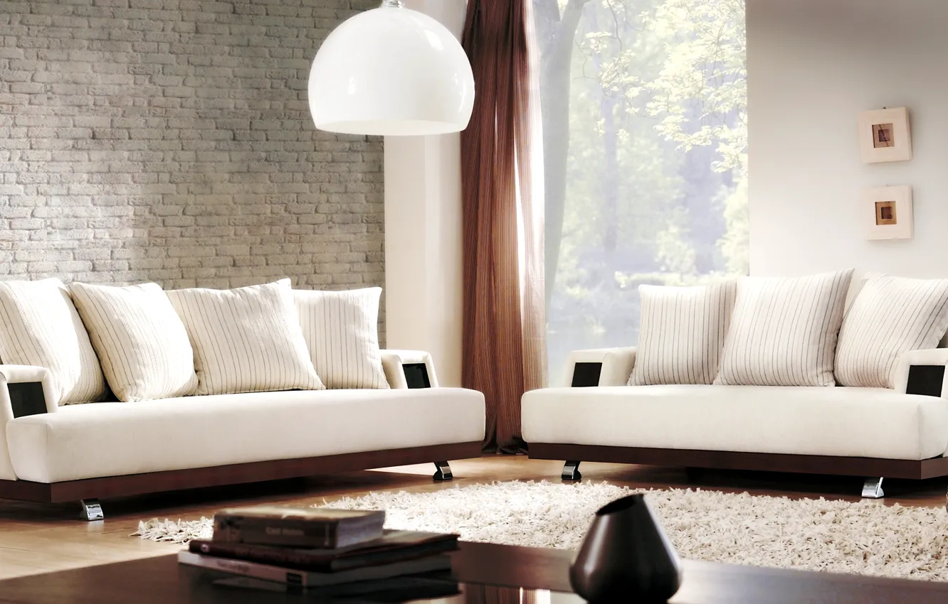 Photo wallpaper design, lamp, carpet, interior, pillow, white, sofas, living room