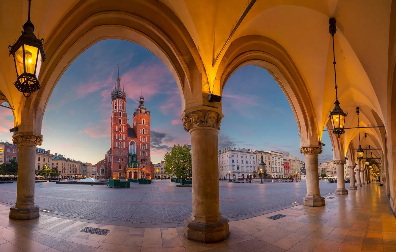 Photo wallpaper area, Poland, lights, columns, Poland, Krakow, Main Market, Krakow