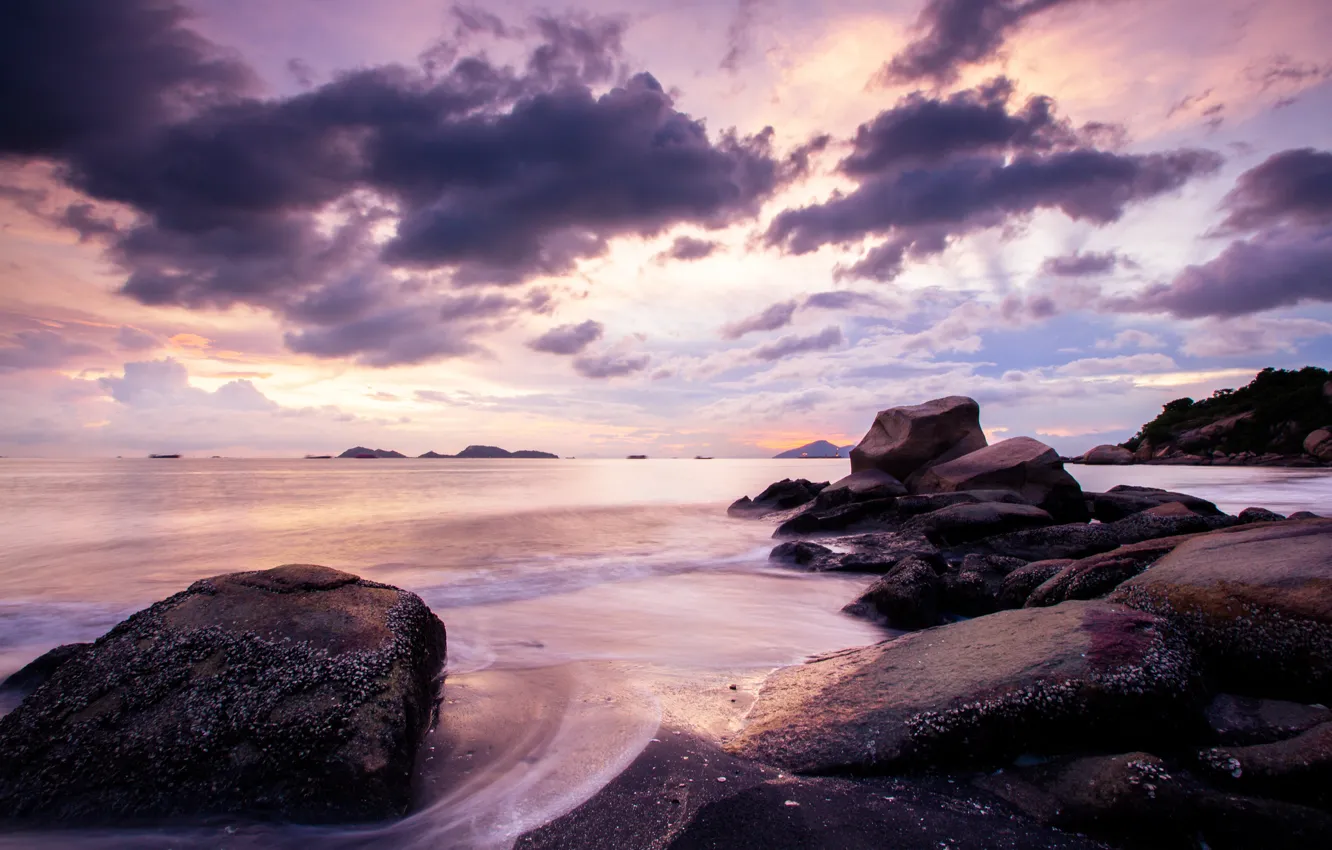 Photo wallpaper sea, beach, sunset, stones, lilac