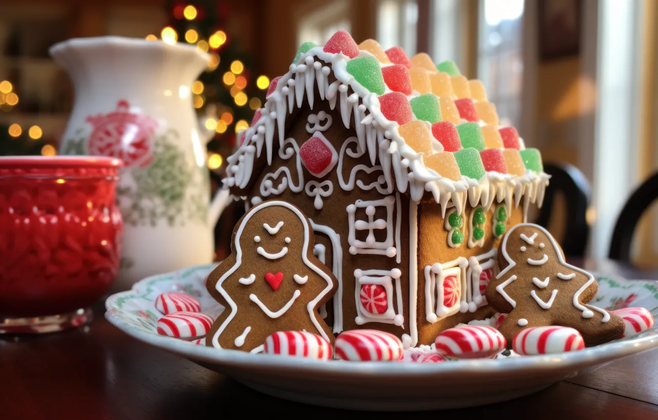 Photo wallpaper pattern, new year, cookies, Christmas, house, dessert, sweet, glaze