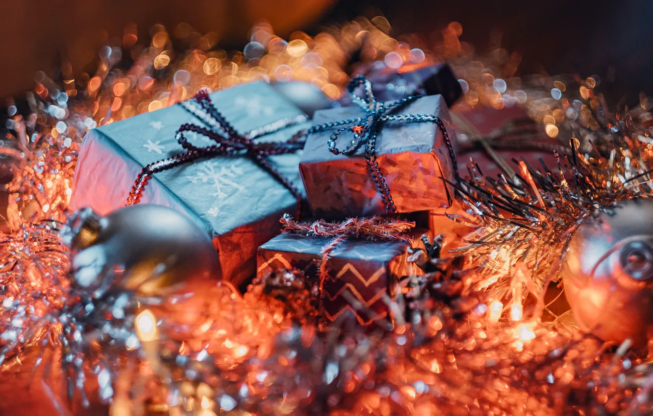 Photo wallpaper balls, holiday, blur, Christmas, gifts, New year, tinsel, box