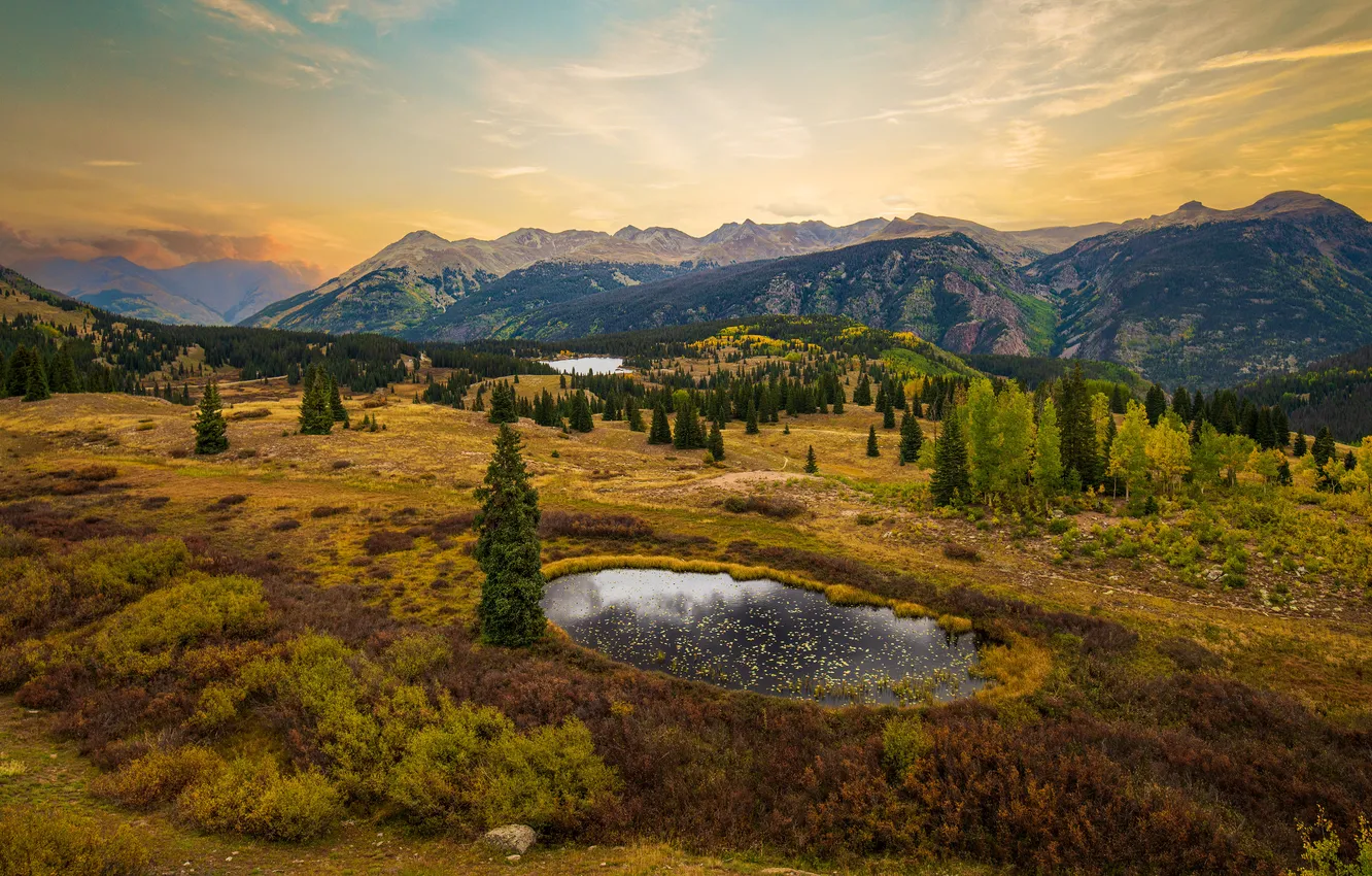 Photo wallpaper field, autumn, forest, clouds, mountains, shore, tops, dal