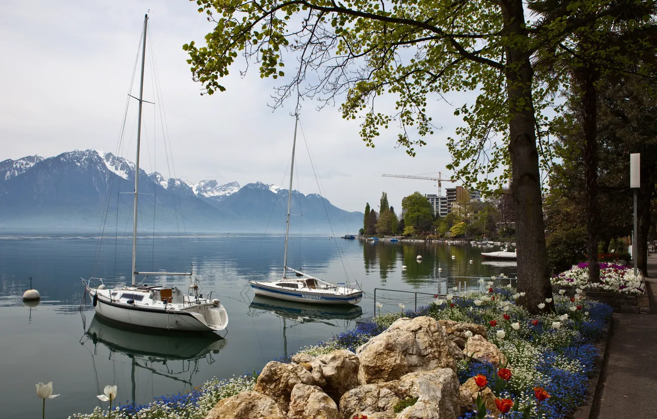 Photo wallpaper landscape, mountains, nature, coast, yacht, Switzerland, Montreux, sailing