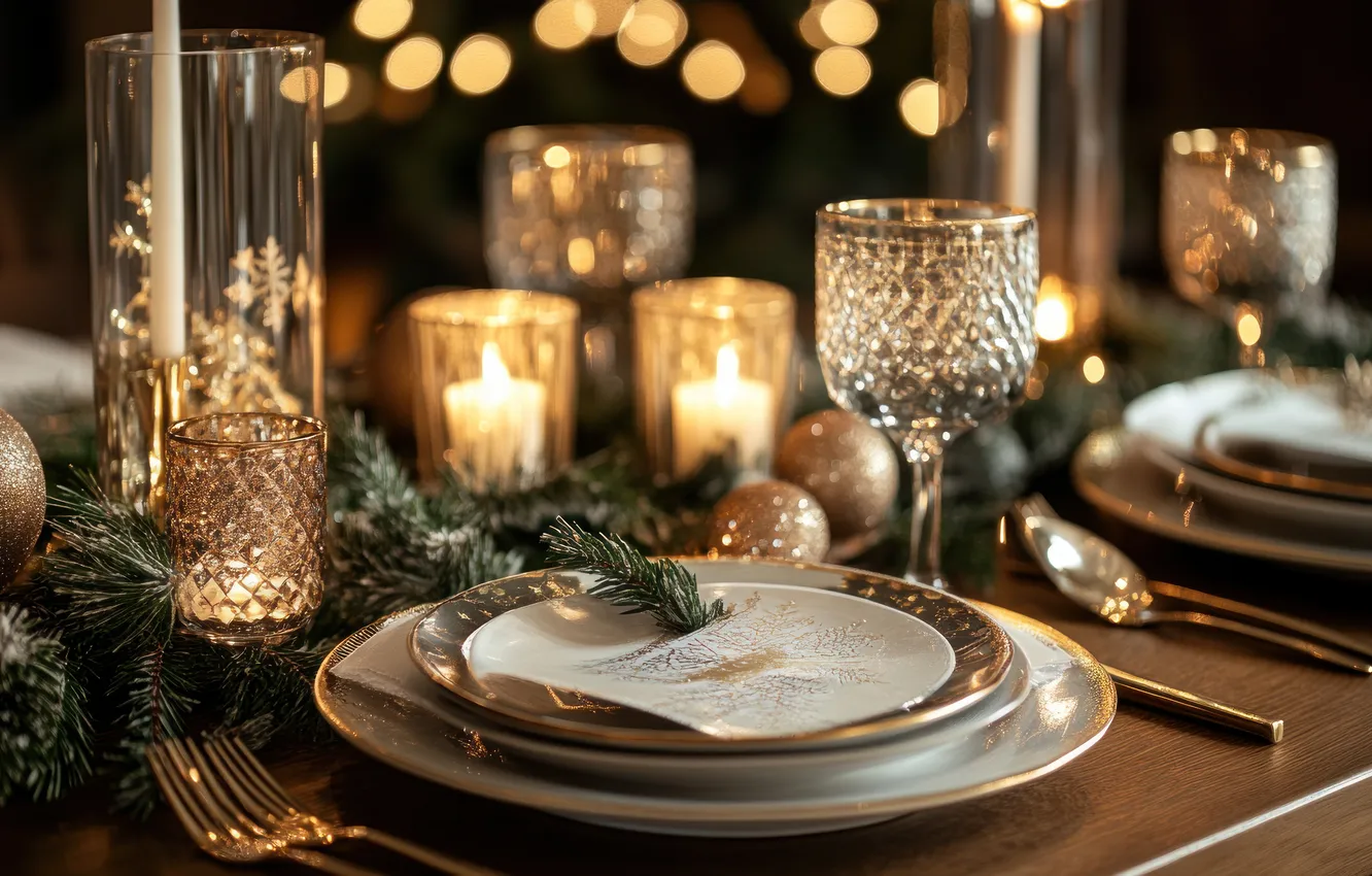 Photo wallpaper table, holiday, candles, decor, servirovka, New Year