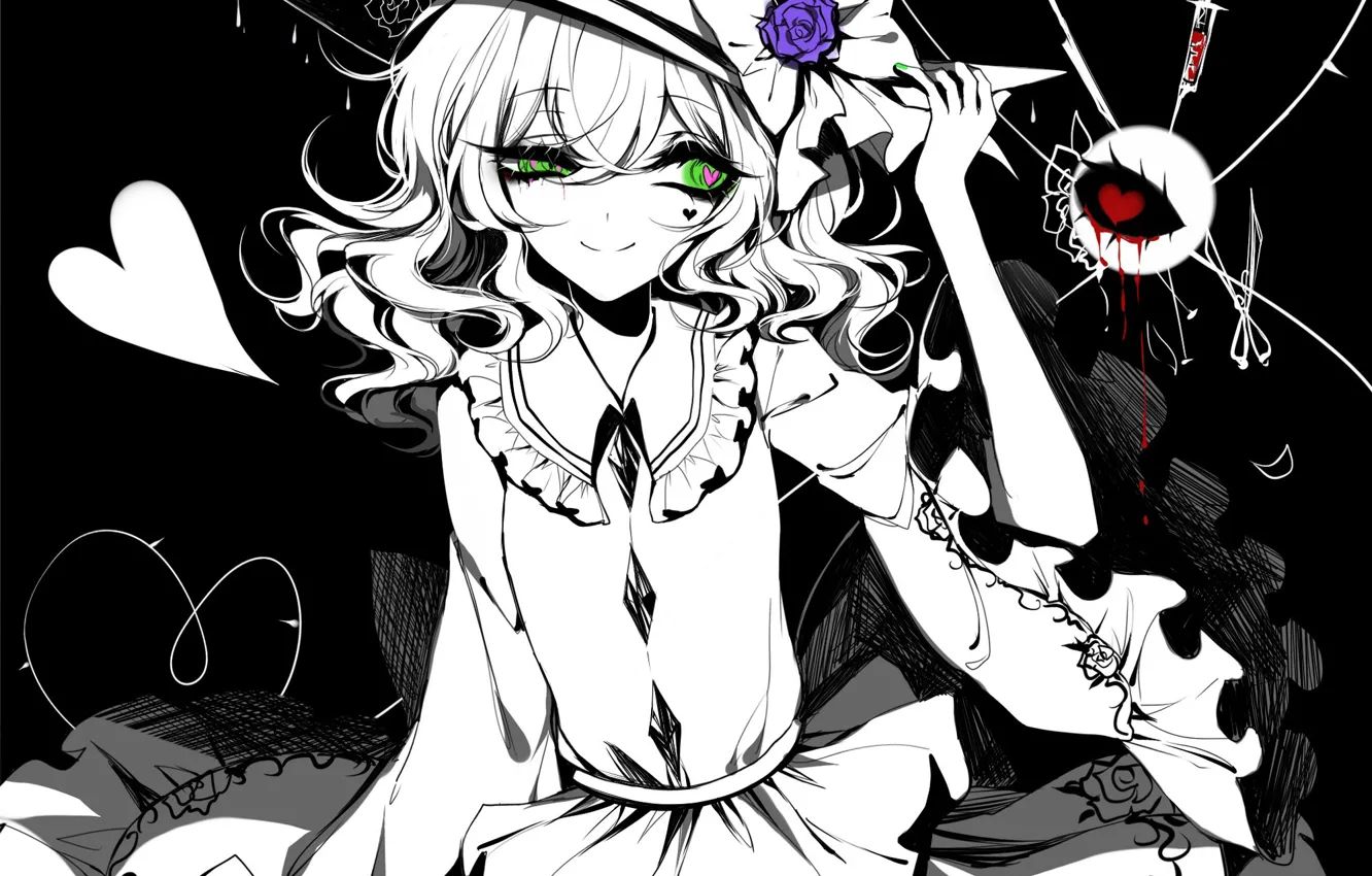 Photo wallpaper girl, eyes, rose, hearts, Monochrome, Touhou, Koishi Komeiji, Touhou