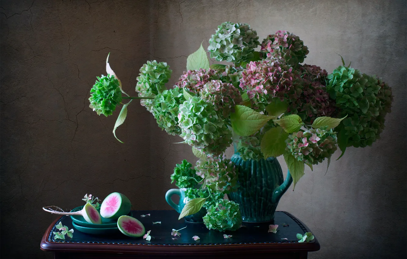 Photo wallpaper flowers, mug, plates, pitcher, table, hydrangea, radish