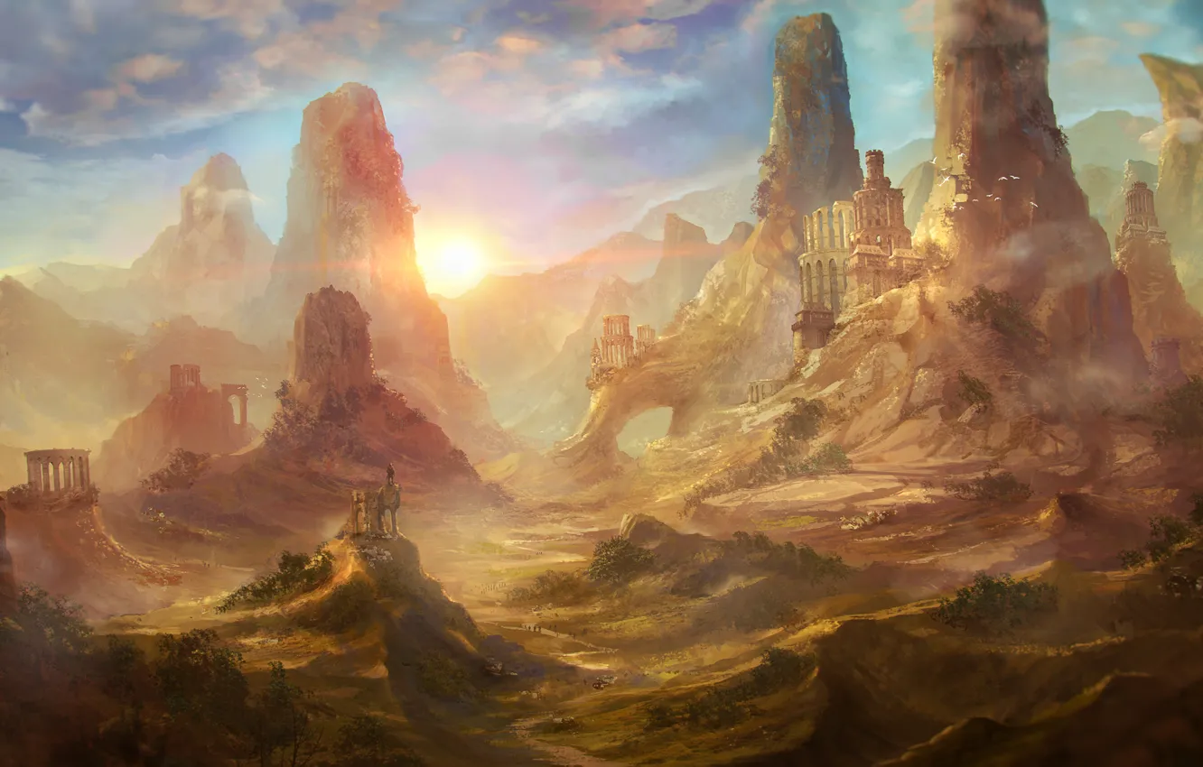 Photo wallpaper the sun, light, trees, mountains, sunshine, art