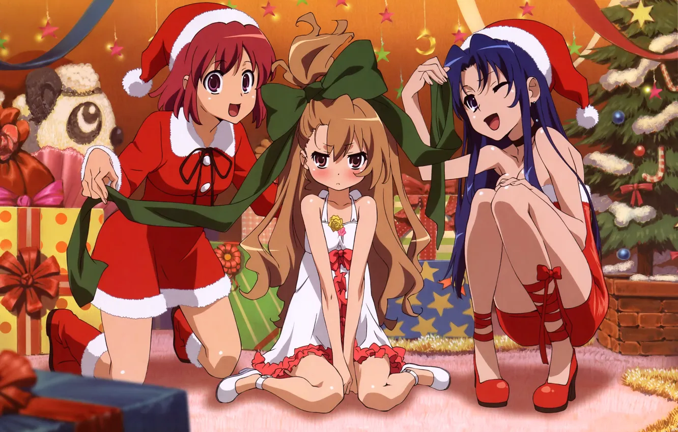Photo wallpaper emotions, holiday, girls, tree, new year, gifts, bow, costumes
