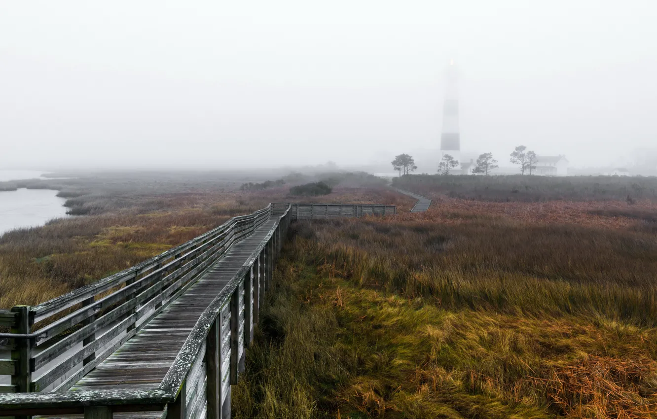 Photo wallpaper fog, lighthouse, morning