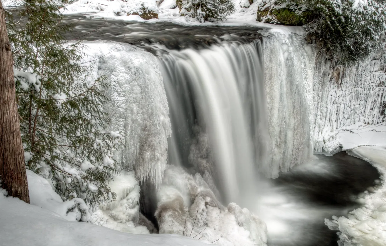 Photo wallpaper winter, snow, river, waterfall, ice, stream