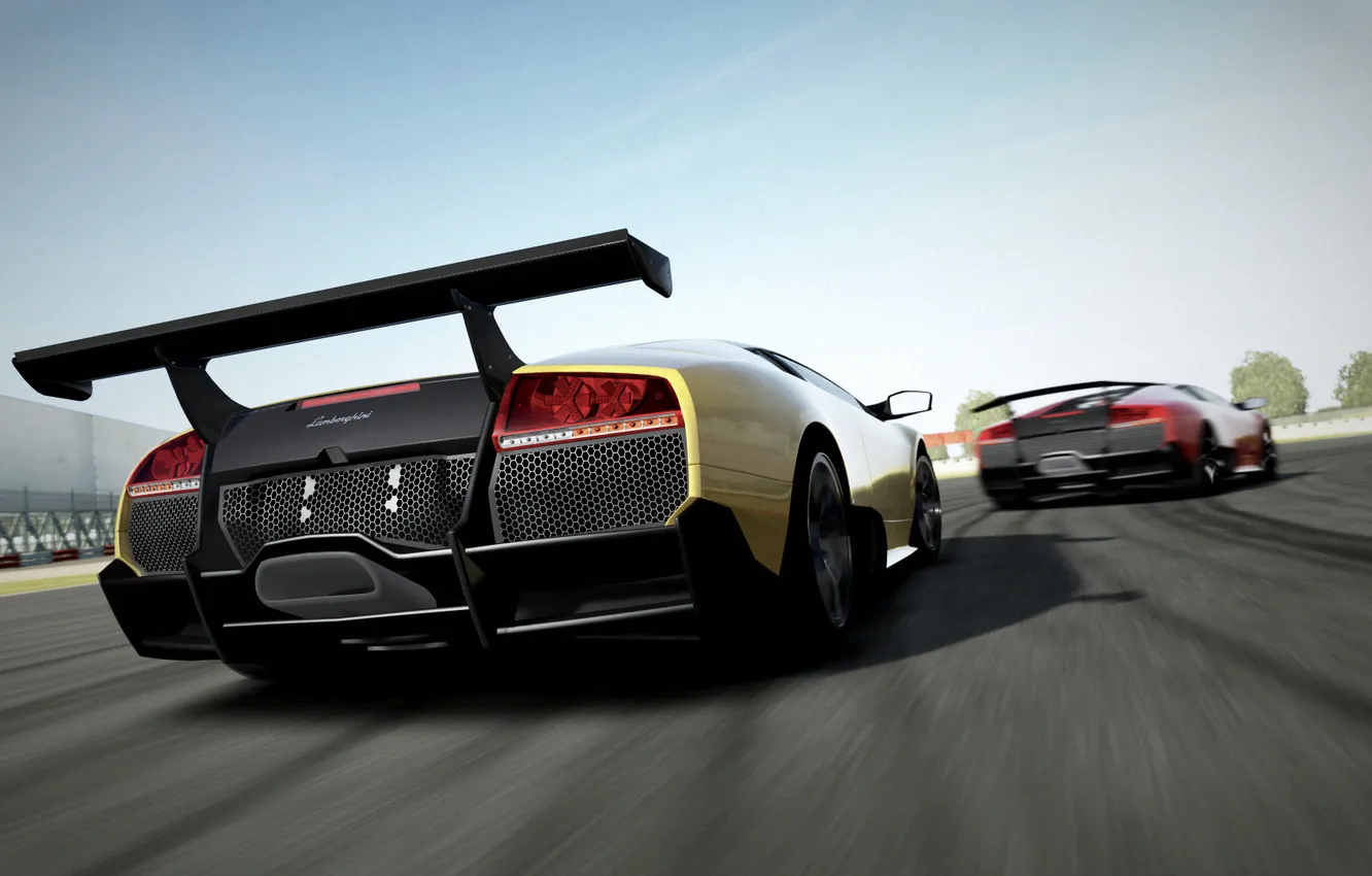 Photo wallpaper machine, yellow, red, the game, two, speed, track, Lamborghini