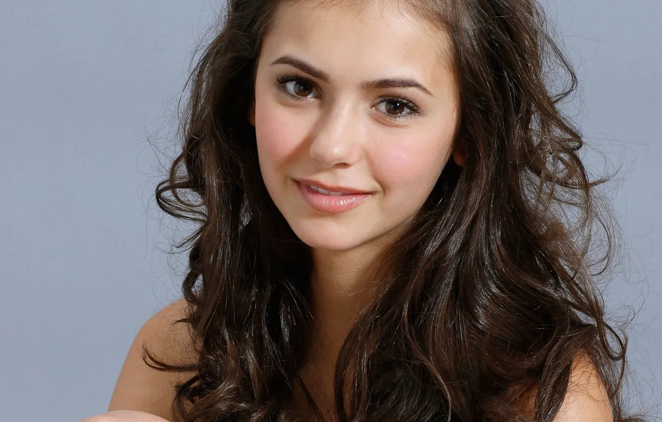 Photo wallpaper look, girl, face, smile, background, hair, actress, Nina Dobrev