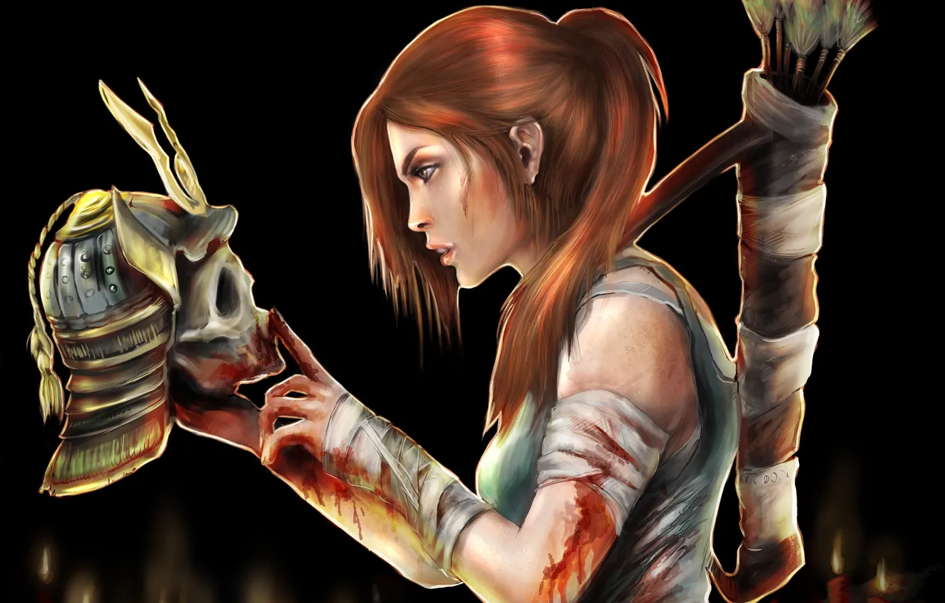 Photo wallpaper girl, blood, the game, skull, candles, hands, profile, Tomb Raider