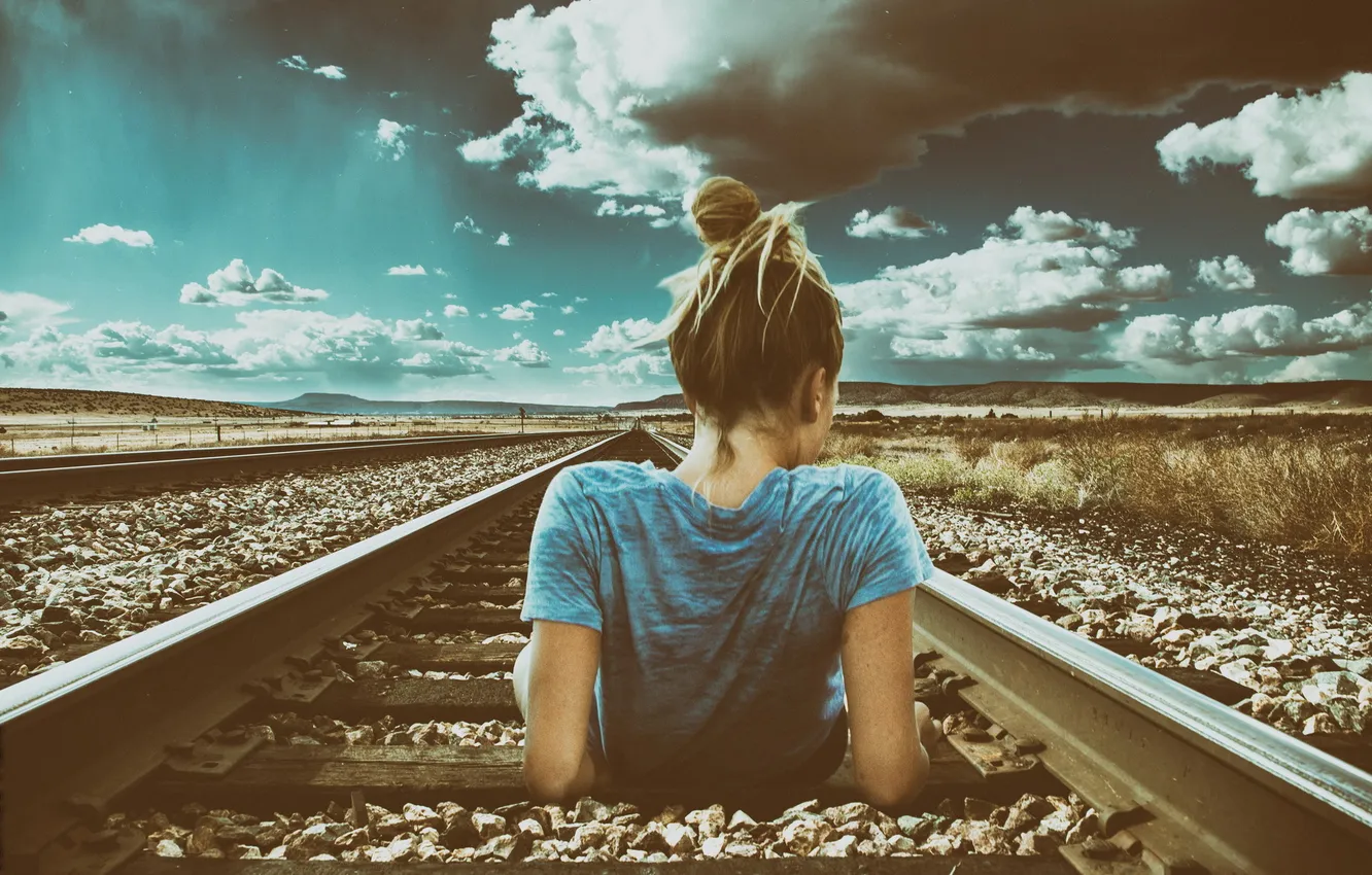 Photo wallpaper girl, landscape, railroad