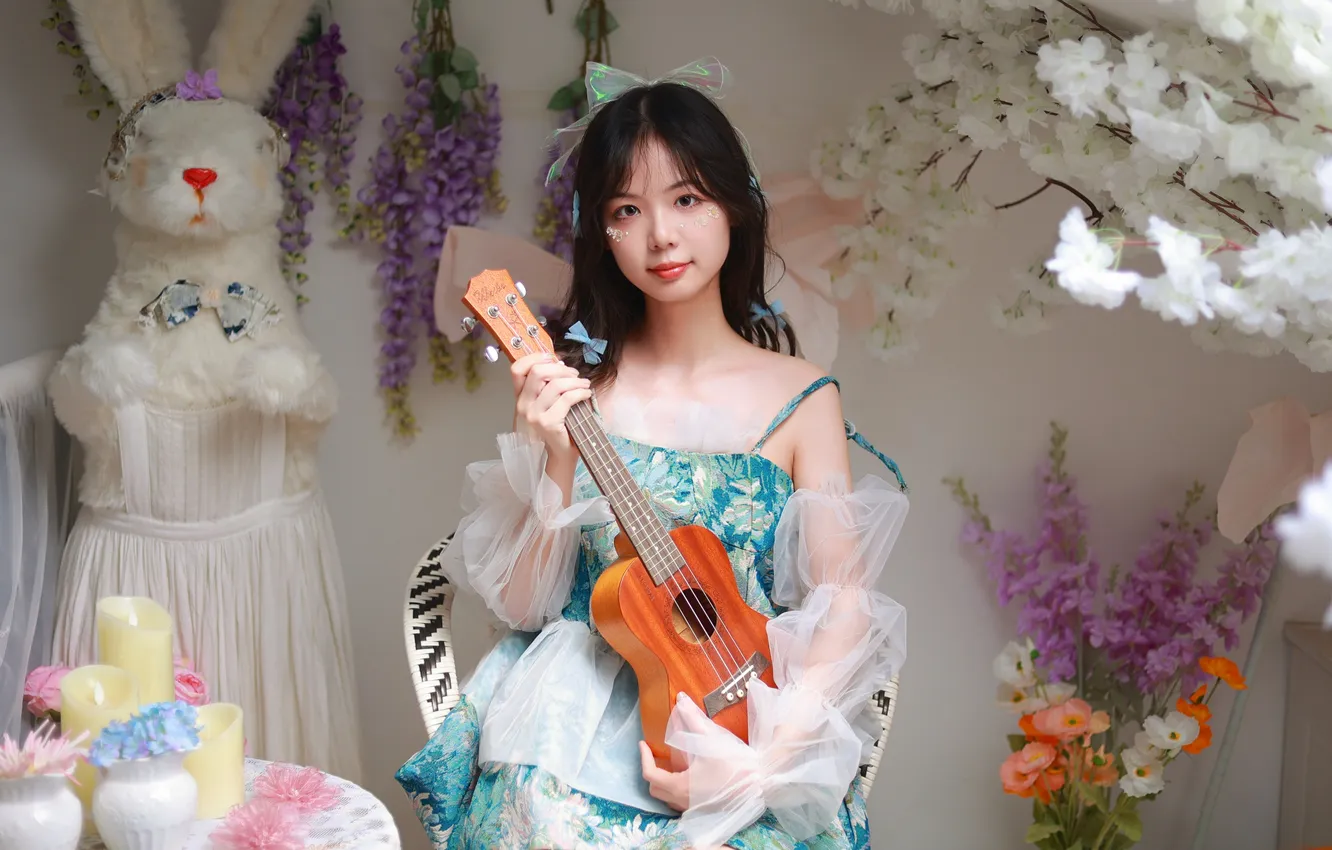 Photo wallpaper woman, smile, rabbit, flowers, beautiful, model, pretty, violin
