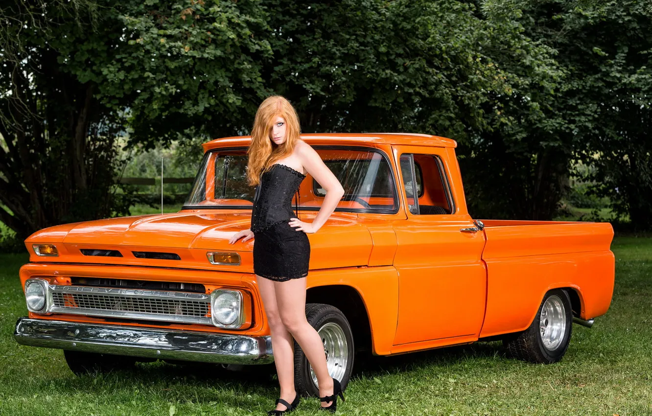 Photo wallpaper girl, background, Chevrolet C10, Pick Up