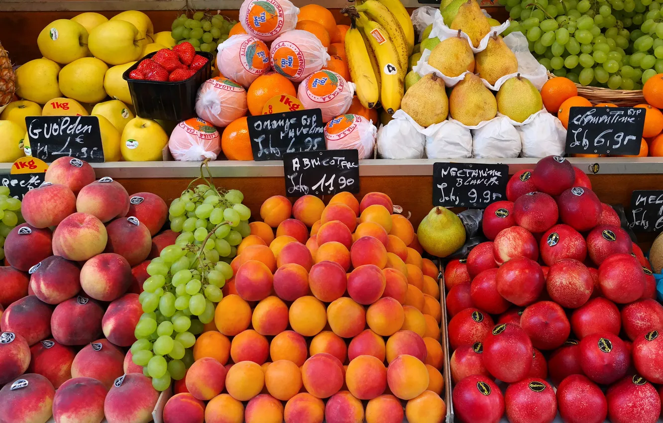 Photo wallpaper round, apples, food, oranges, strawberry, grapes, bananas, fruit