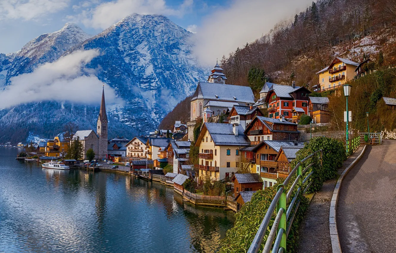 Photo wallpaper road, mountains, lake, building, home, Austria, Alps, Austria