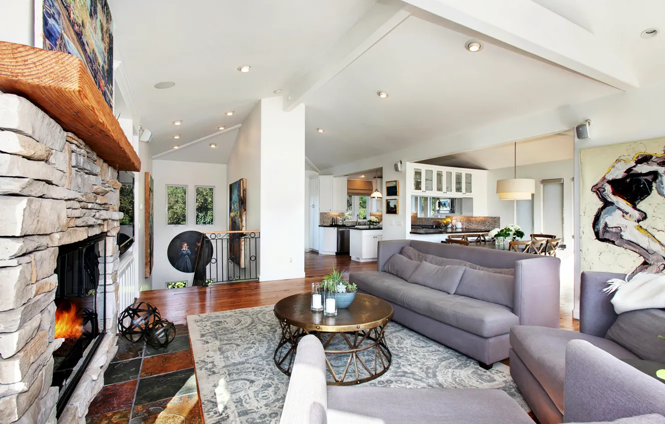 Photo wallpaper design, table, sofa, furniture, interior, kitchen, fireplace, cottage