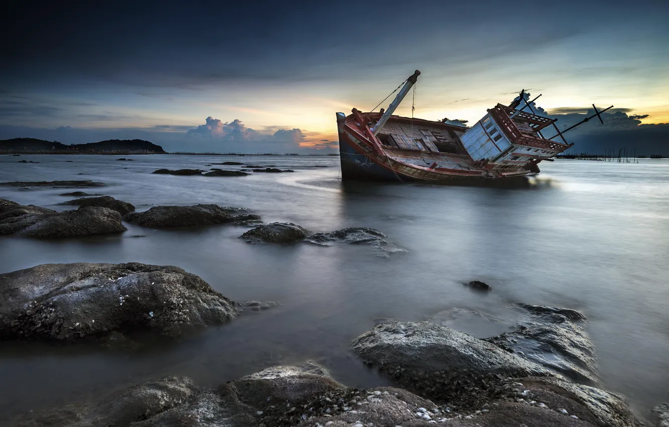 Photo wallpaper sunset, stones, shore, ship, twilight, shipwreck