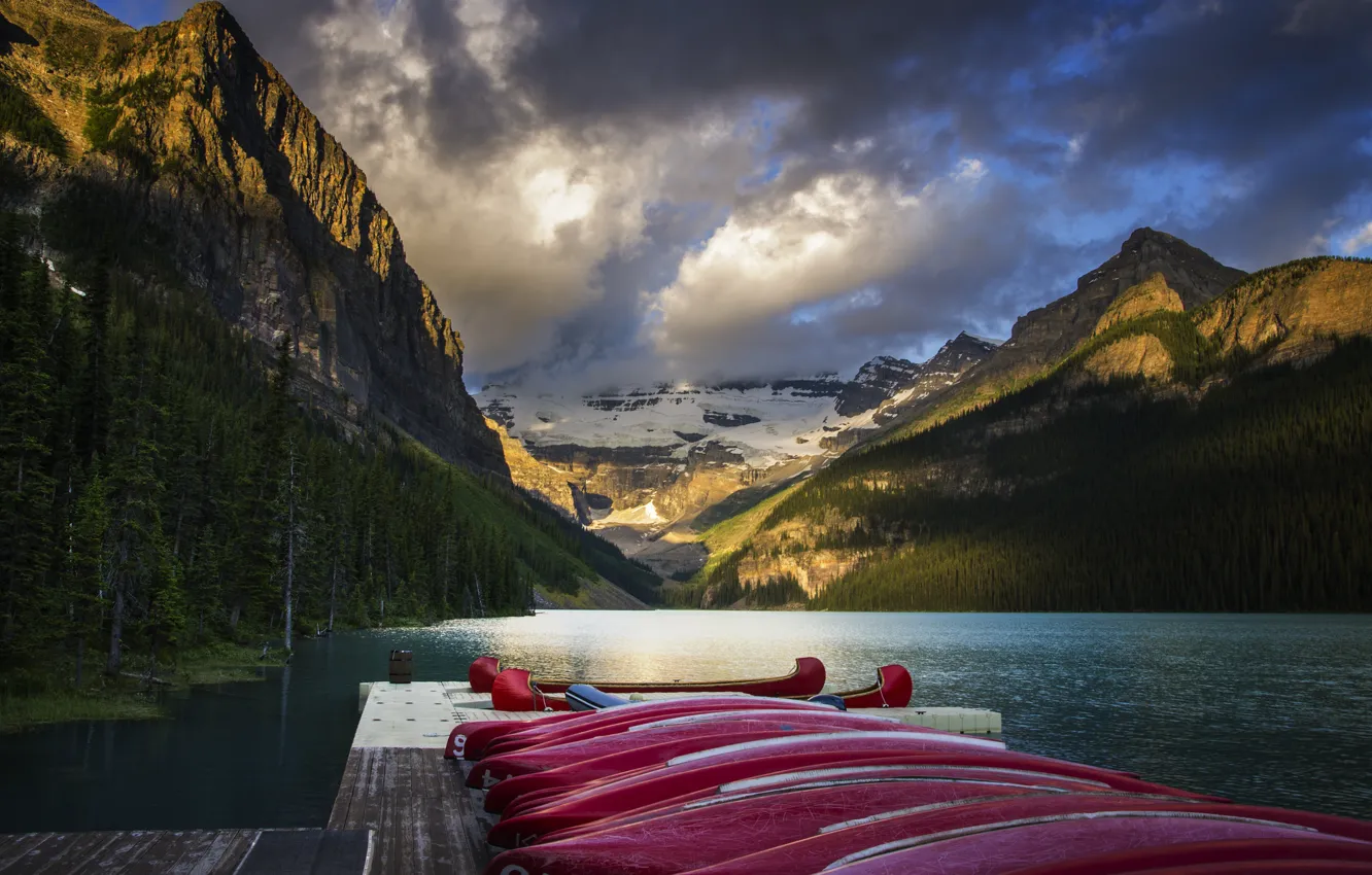 Photo wallpaper forest, mountains, nature, lake, Alberta, Lake Louise, Canada, Canoe