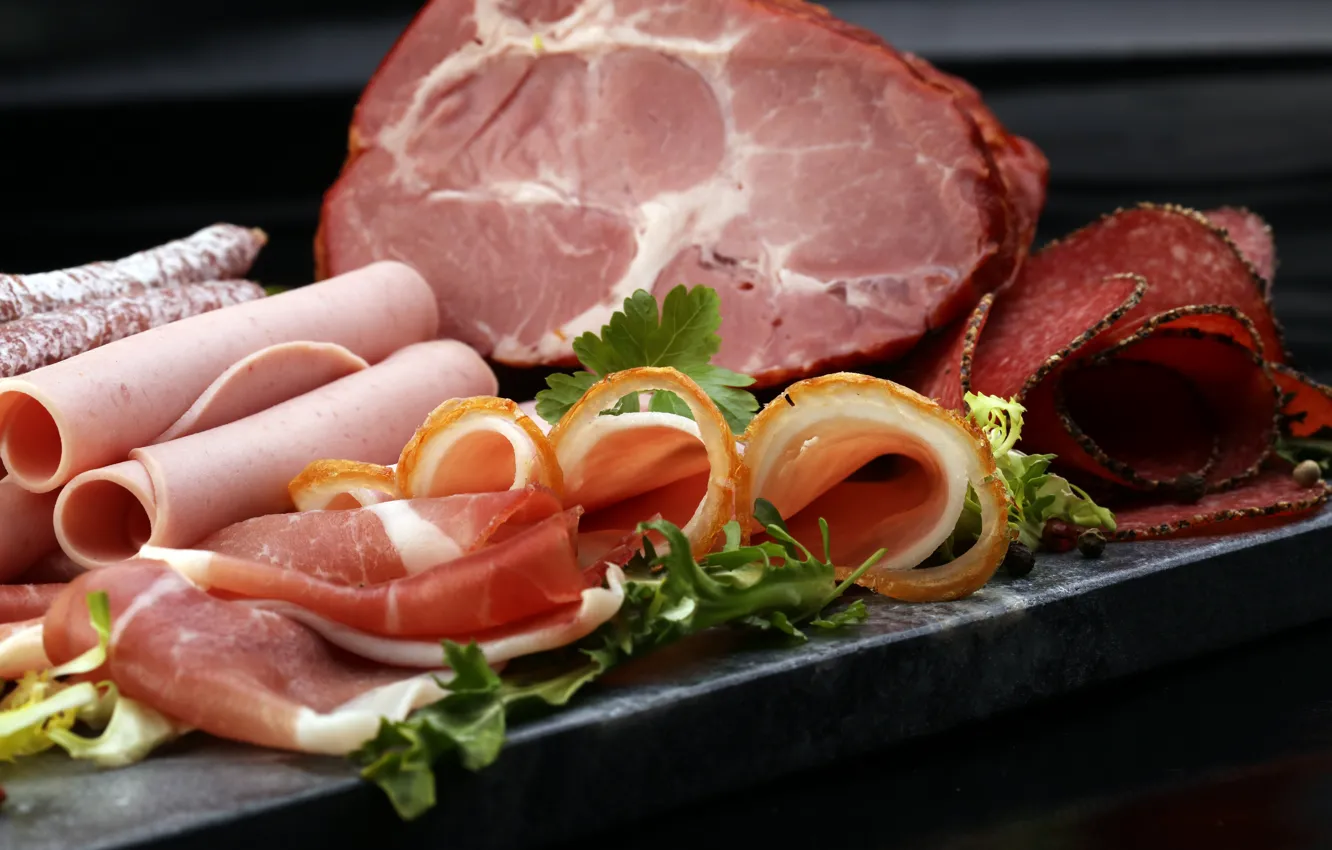 Photo wallpaper greens, food, sausages, meats