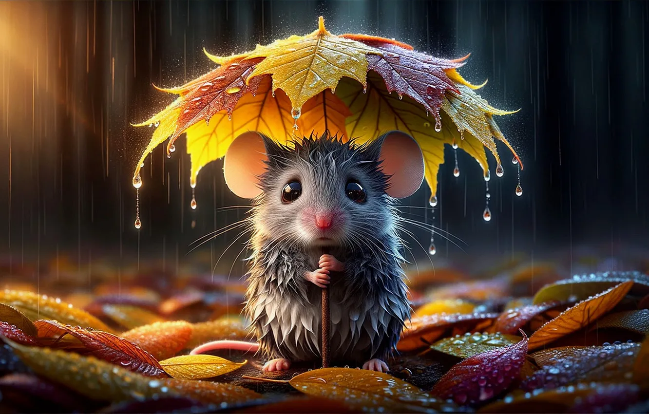 Photo wallpaper autumn, leaves, rain, mouse, dampness