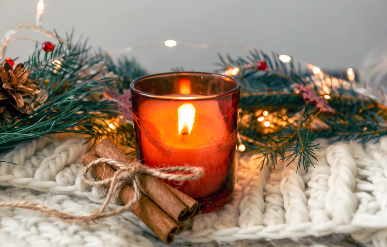 Photo wallpaper branches, glass, flame, new year, candles, rope, scarf, Christmas