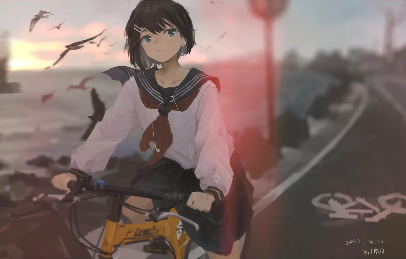 Photo wallpaper road, sea, the sky, bike, seagulls, schoolgirl