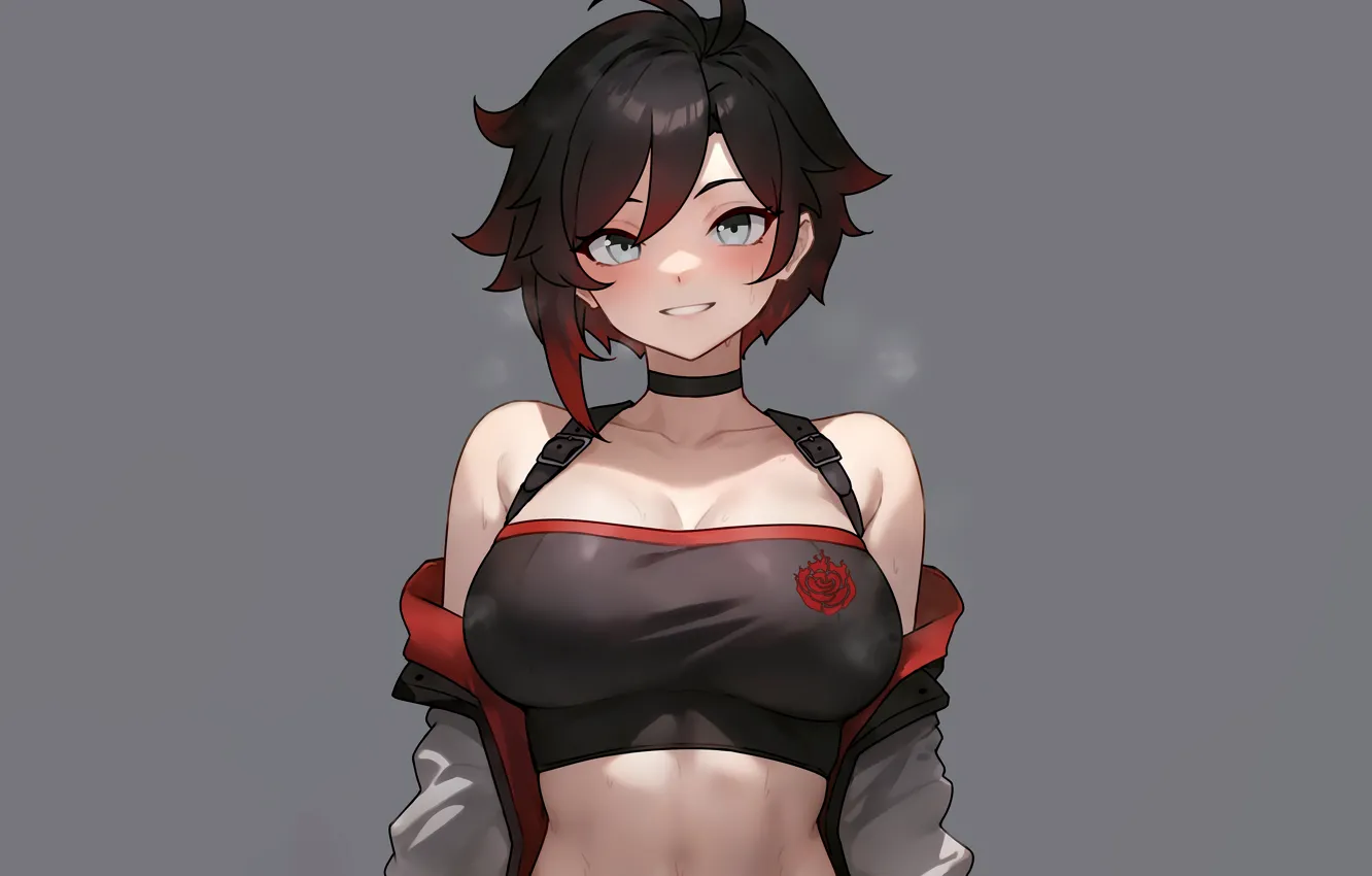 Photo wallpaper short hair, smiling, dark hair, undressing, RWBY, bare shoulders, looking at viewer, Ruby Rose
